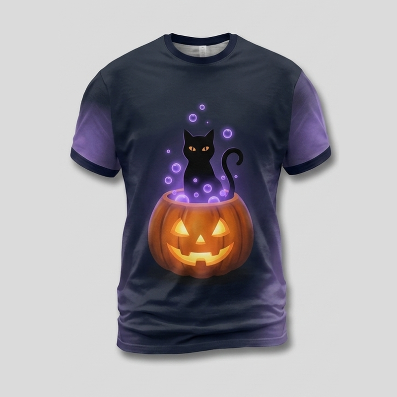Minimalist Black Cat Witch Cauldron Aop Tshirt