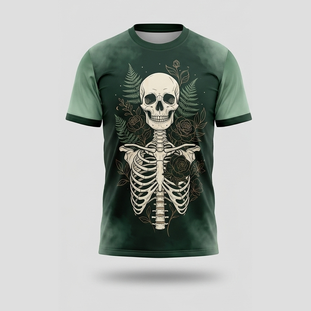 Retro Botanical Skeleton Skull Flowers Aop Tshirt