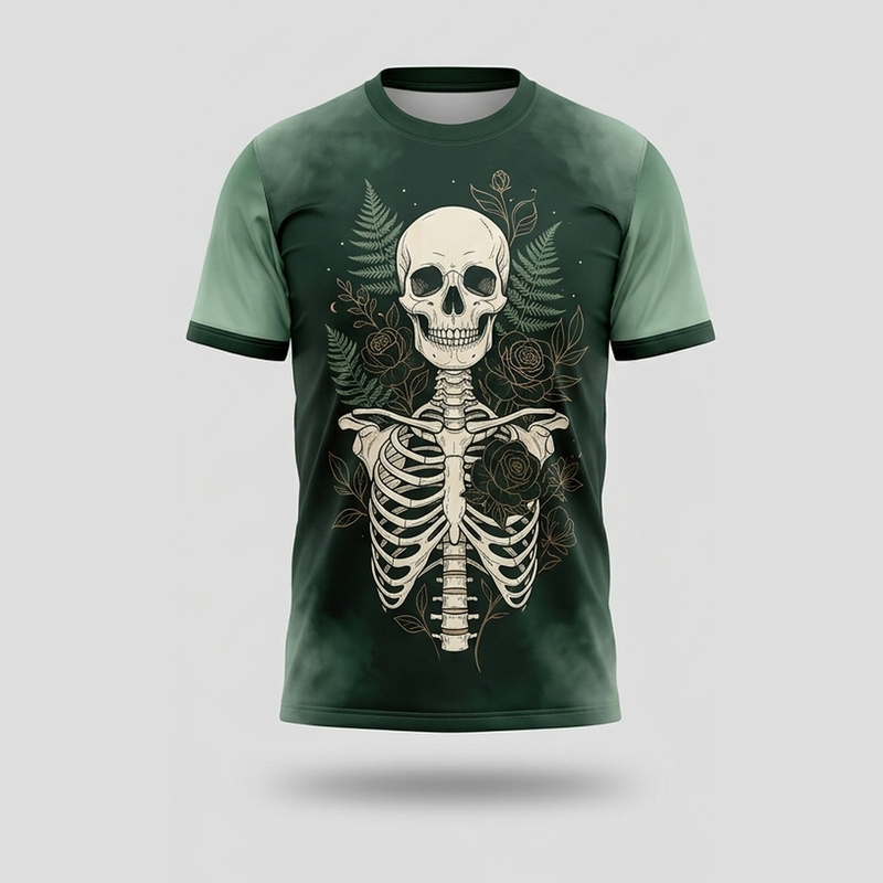 Retro Botanical Skeleton Skull Flowers Aop Tshirt